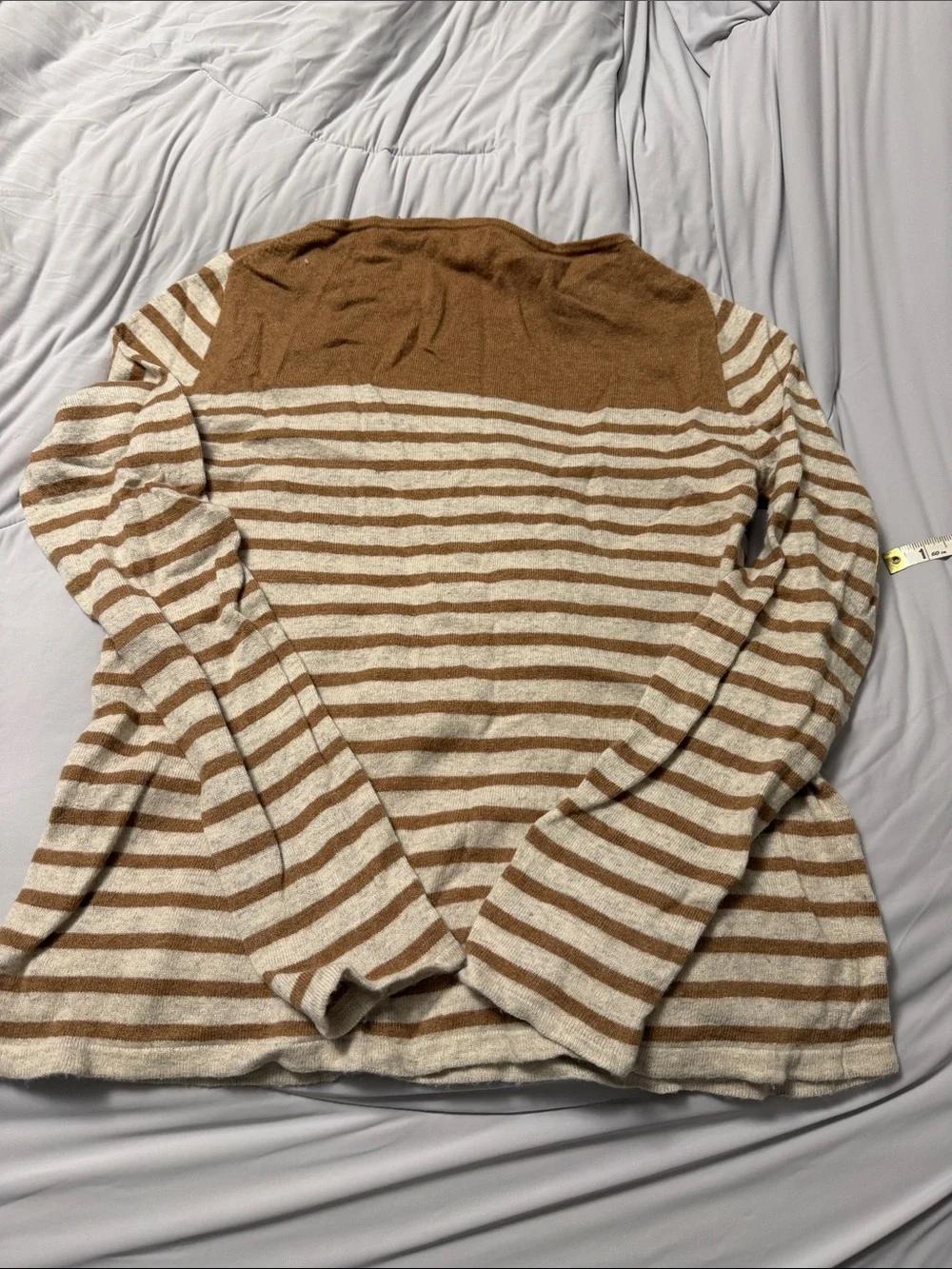 J. Crew Brown and Cream Striped Crewneck Sweater with Embellished Yoke
